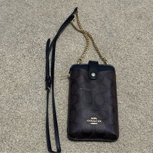 Coach Black and Brown Phone Crossbody with Gold Chain
